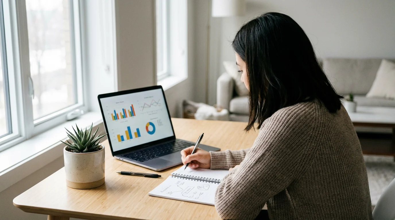 Over-the-shoulder view of a young person at a desk planning their finances.
