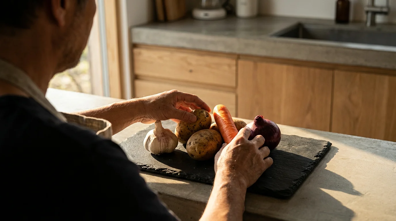 Over-the-shoulder view of hands arranging fresh, seasonal vegetables on a kitchen counter.