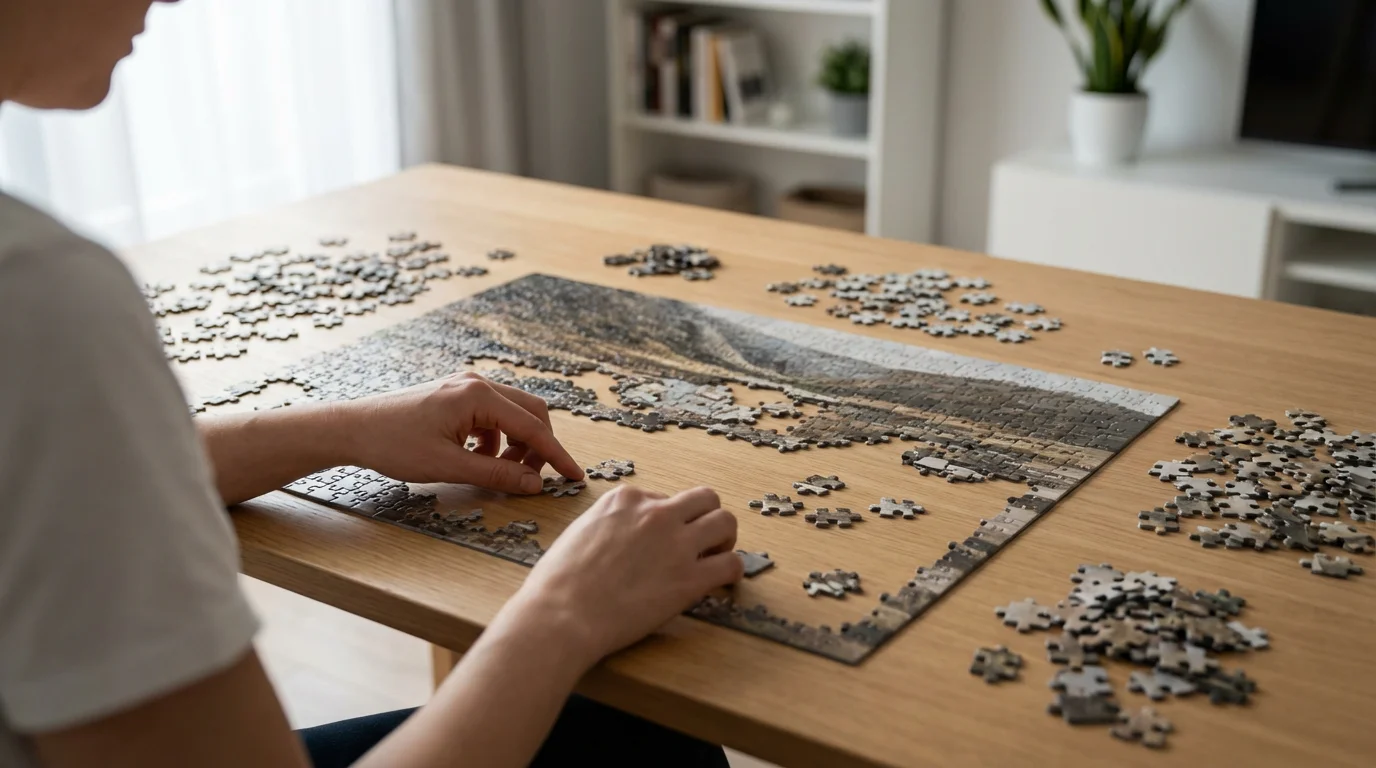 Over-the-shoulder view of hands assembling a complex jigsaw puzzle on a wooden table.