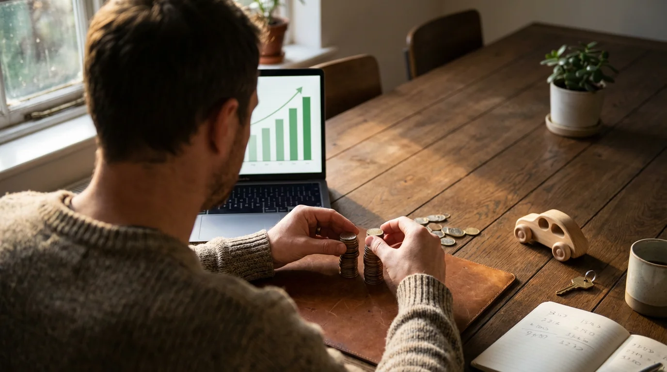 Over-the-shoulder view of hands balancing coins on a table representing growth and expenses.