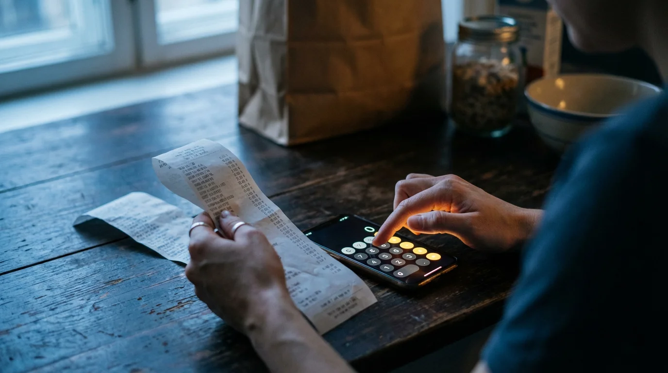 Over-the-shoulder view of hands calculating grocery receipt savings on a smartphone at dusk.