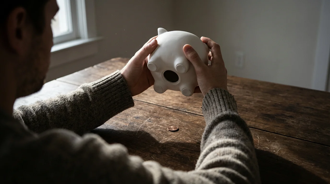 Over-the-shoulder view of hands holding an empty white piggy bank upside down over a table.
