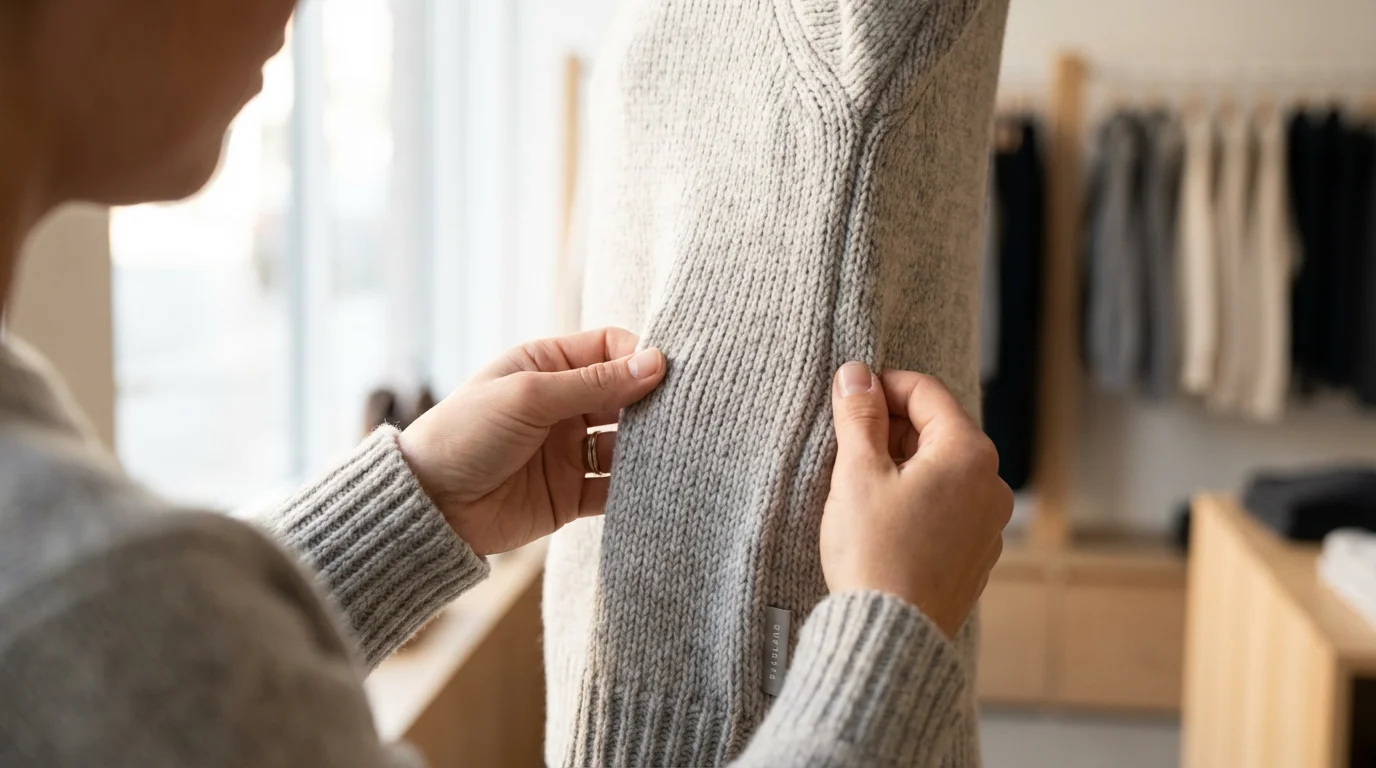 Over-the-shoulder view of hands inspecting the seam of a grey sweater in a store.