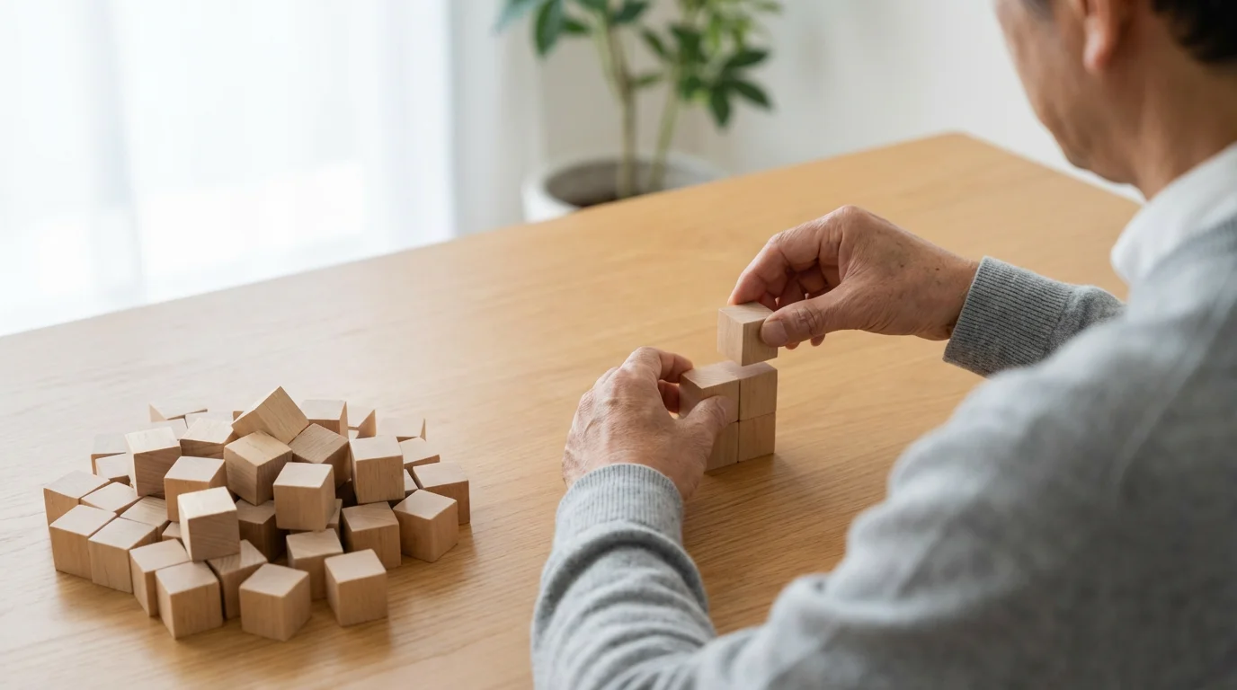 Over-the-shoulder view of hands moving a wooden block from a large pile to a small stack.