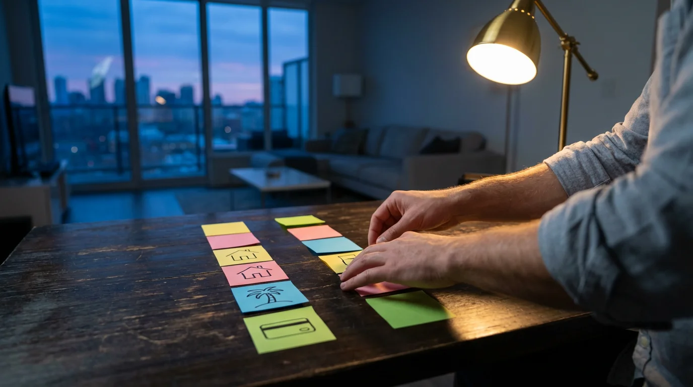 Over-the-shoulder view of hands organizing sticky notes with financial icons on a table at dusk.