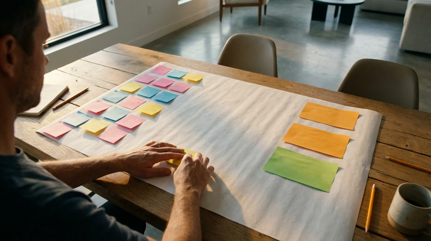 Over-the-shoulder view of hands organizing colorful sticky notes on a table during golden hour.