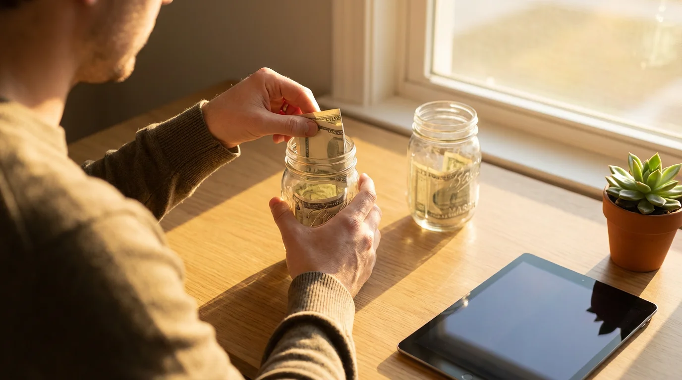 Over-the-shoulder view of hands placing cash into a glass savings jar at sunset.