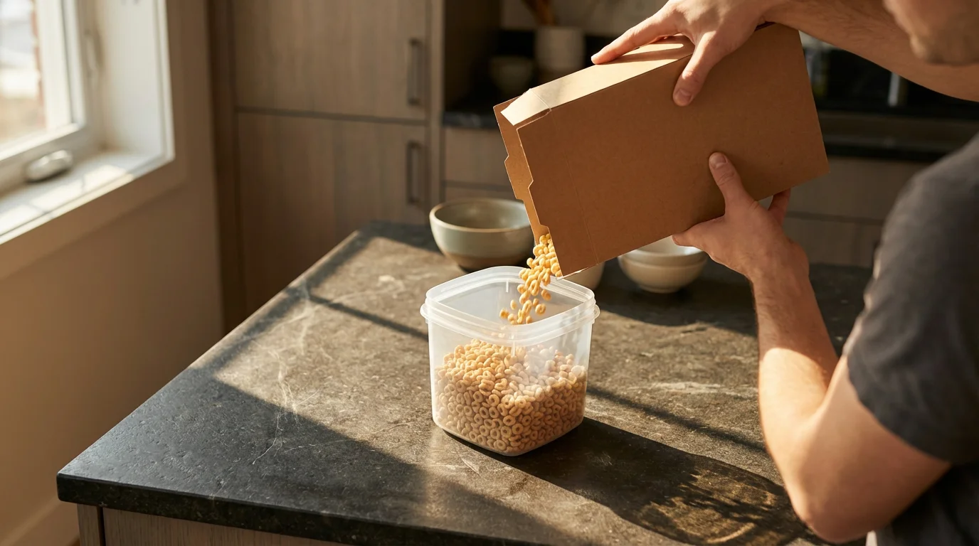 Over-the-shoulder view of hands pouring generic cereal into a clear storage container in a kitchen.
