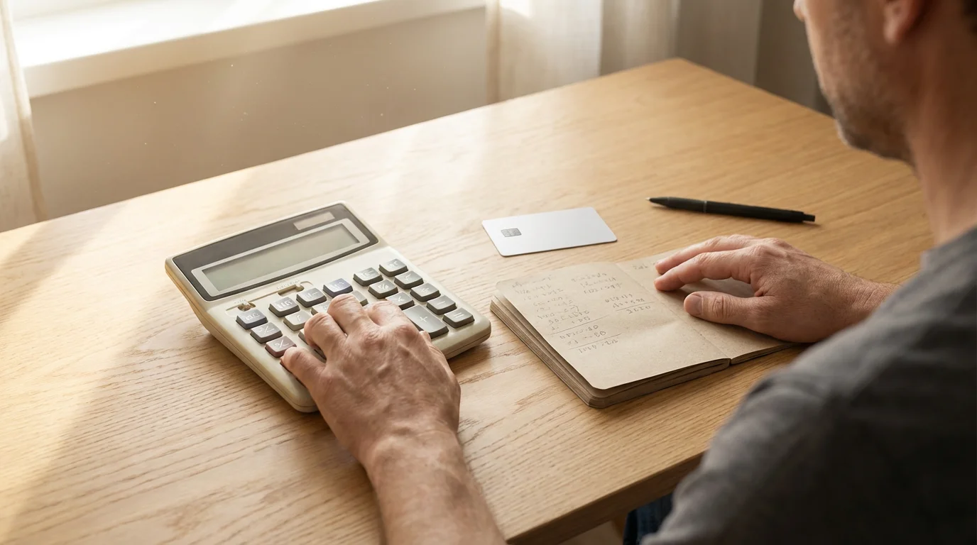Over-the-shoulder view of hands using a calculator to figure out credit card savings.
