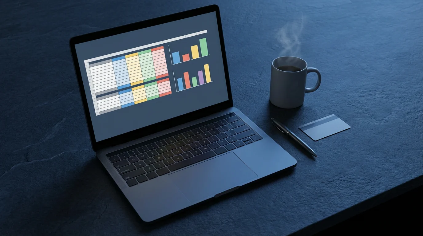 Overhead flat lay of a laptop with an abstract budget spreadsheet on a desk.