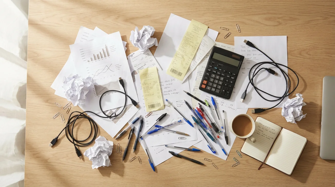 Overhead flat lay of a messy desk with papers, receipts, and tangled cords.
