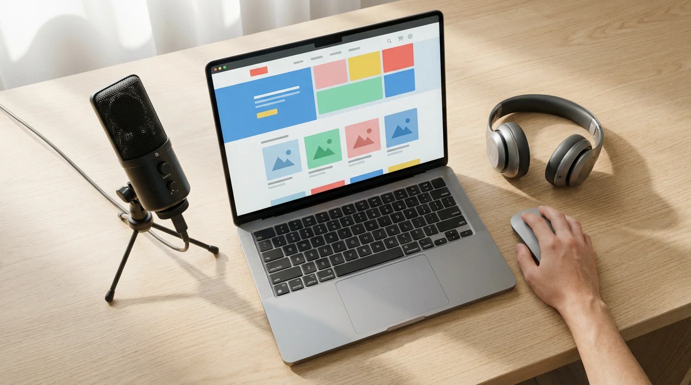 Overhead view of a laptop, microphone, and headphones on a desk for website testing.