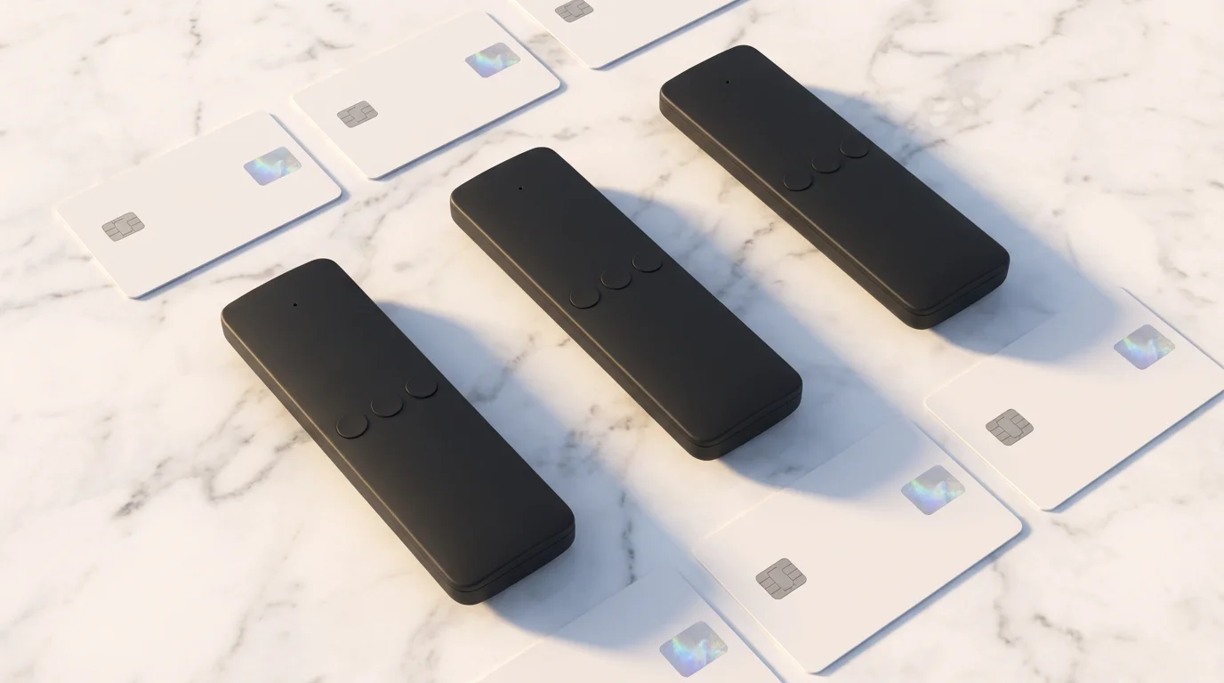 Overhead view of generic credit cards and streaming service remote controls on a table.