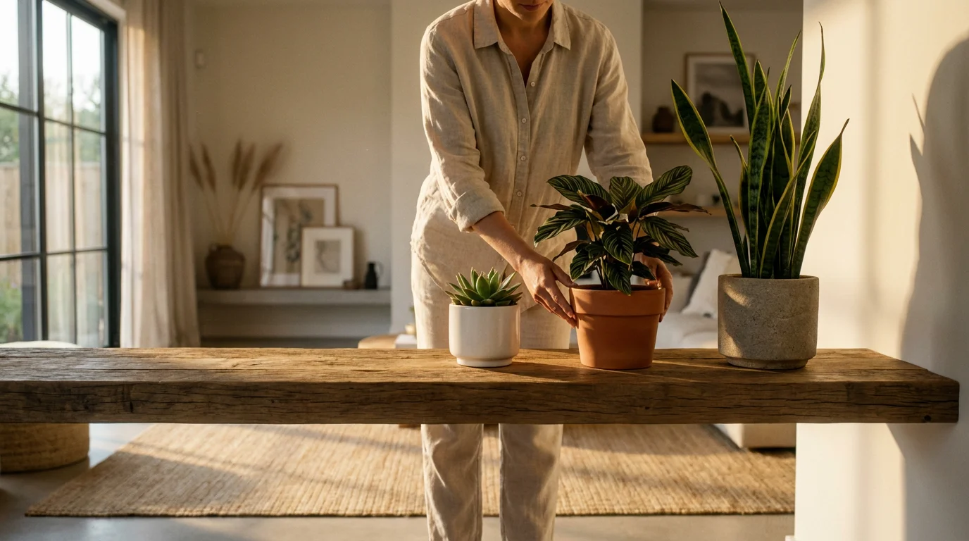 Person arranging three different sized potted plants on a wooden shelf in a sunlit room.