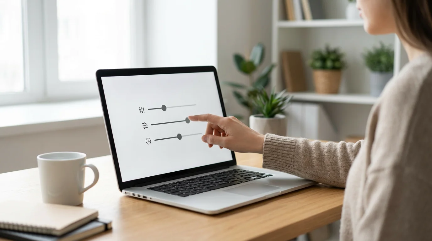 Person at a desk adjusting a slider on a laptop screen in a brightly lit room.