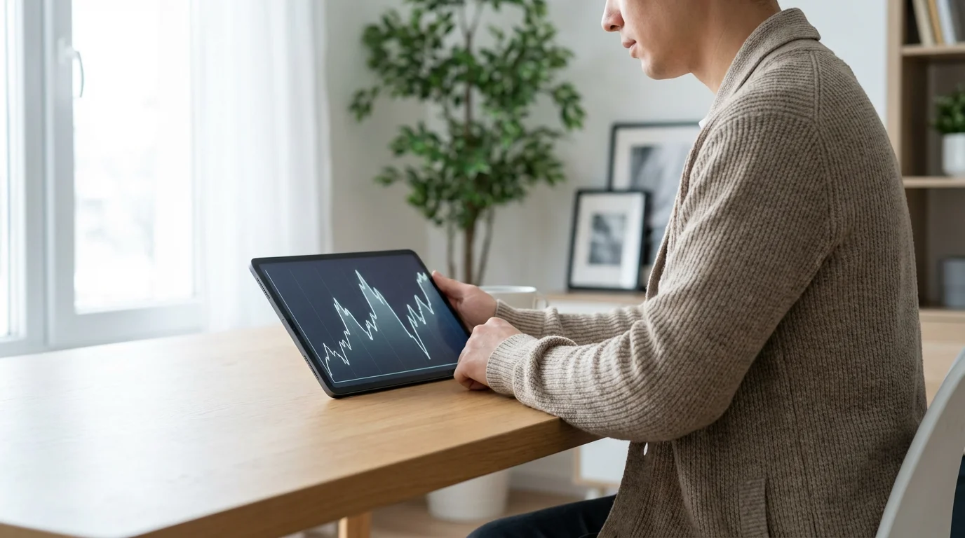Person at a desk analyzes a line graph of fluctuating income on a tablet.