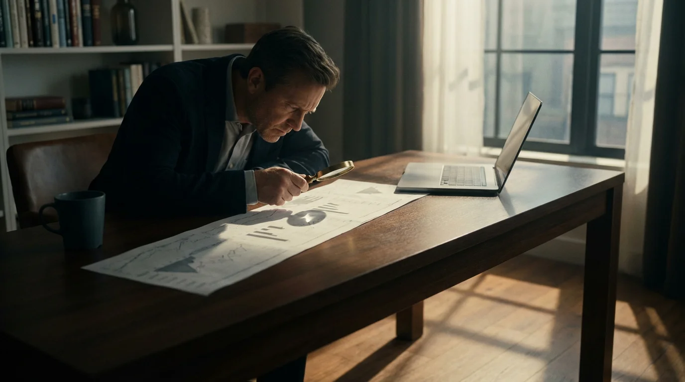 Person at a desk carefully examining a financial document with a magnifying glass.