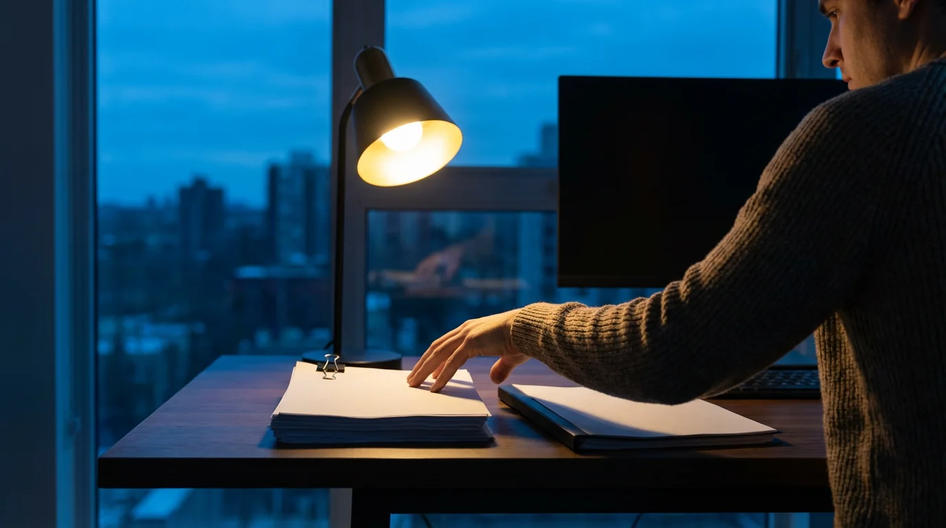 Person at a desk during blue hour deciding between two stacks of financial papers.