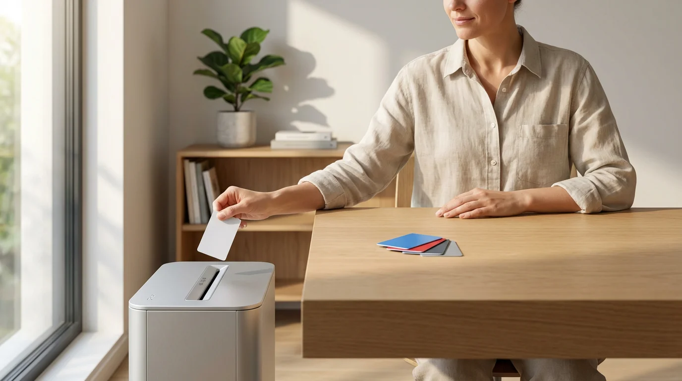 Person at a desk in a bright home office preparing to shred a generic card.