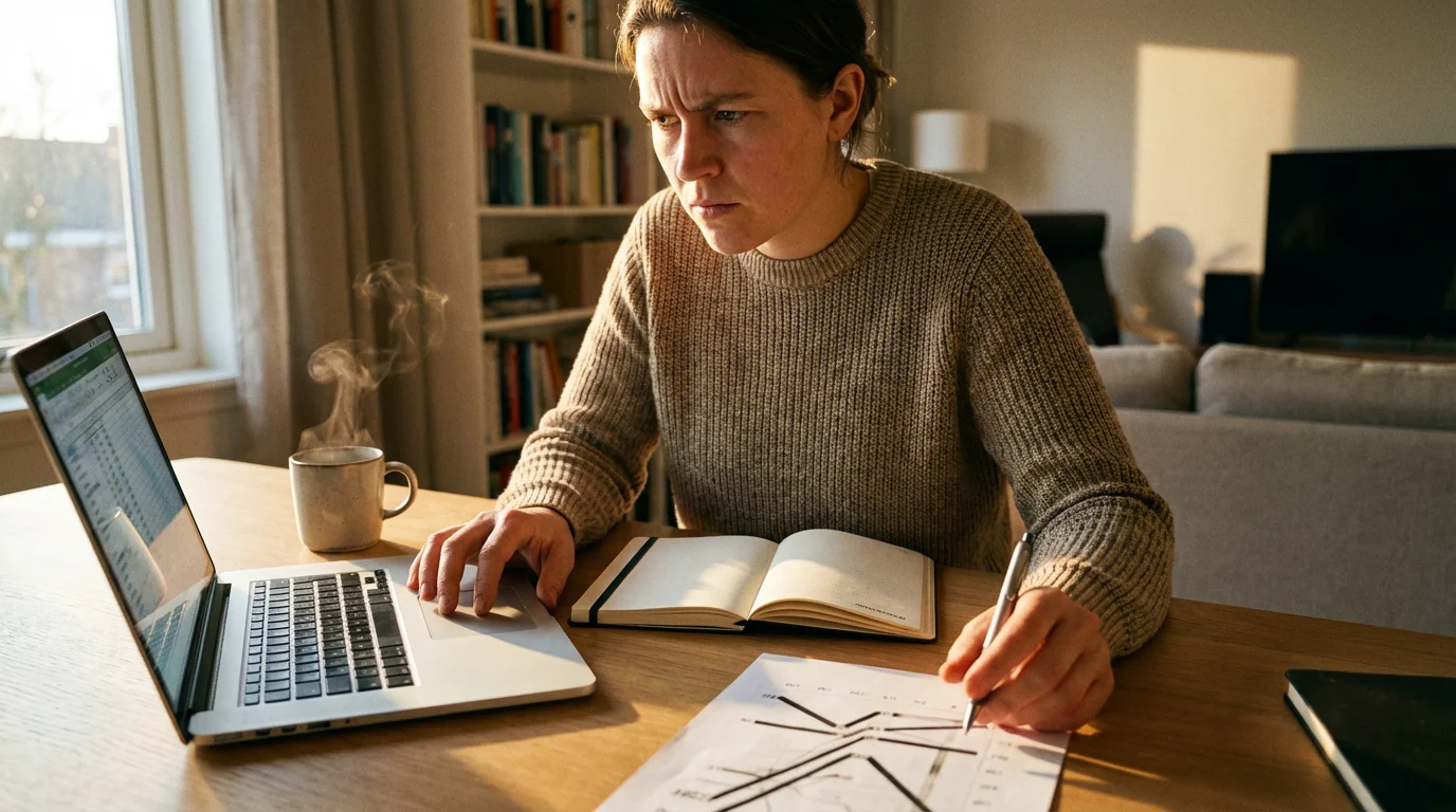 Person at a desk reviewing bank statements on a laptop for a subscription audit.