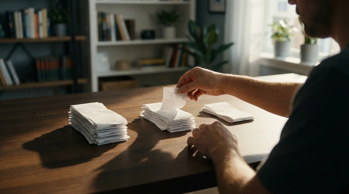 Person at a desk sorting receipts into three different-sized piles representing a budget.