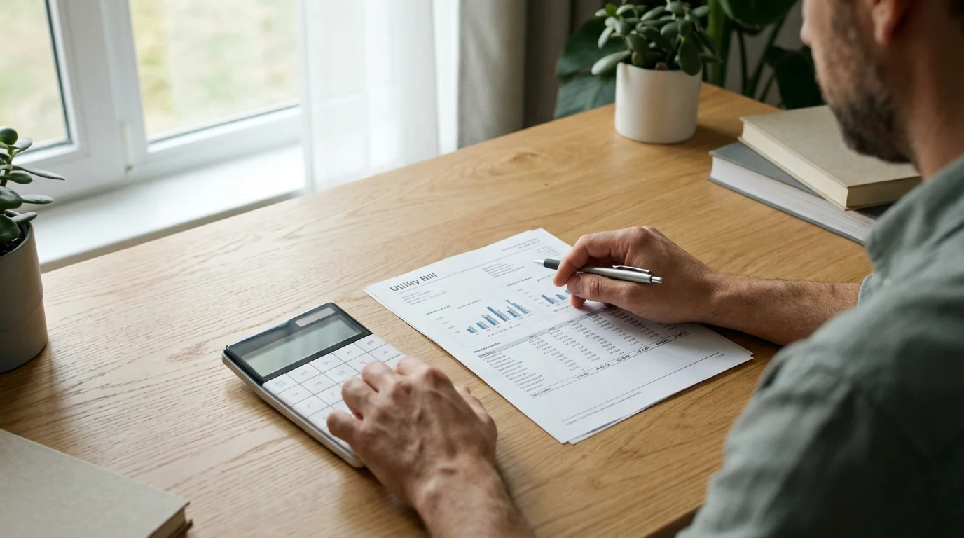 Person at a desk with a calculator and utility bill comparing home energy costs.