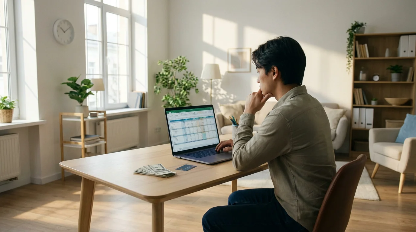 Person at a desk with a laptop, cash, and a credit card, pondering finances.