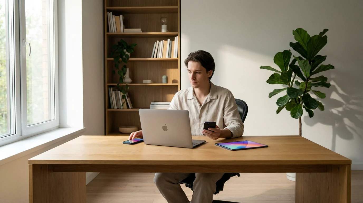 Person at a desk with a laptop, tablet, and phone, considering flexible work options.