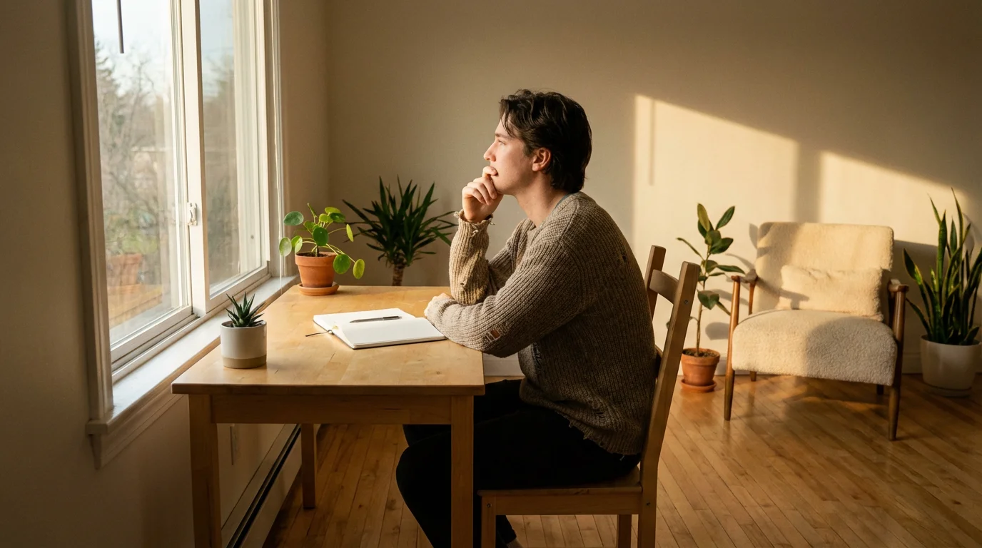 Person at a desk with a notebook, looking out a window during golden hour.