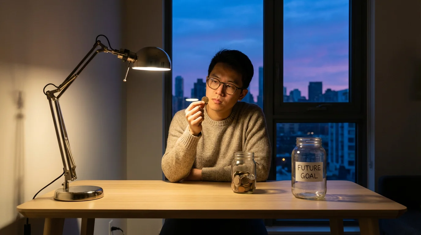 Person at a desk with two jars of coins, contemplating finances during blue hour.