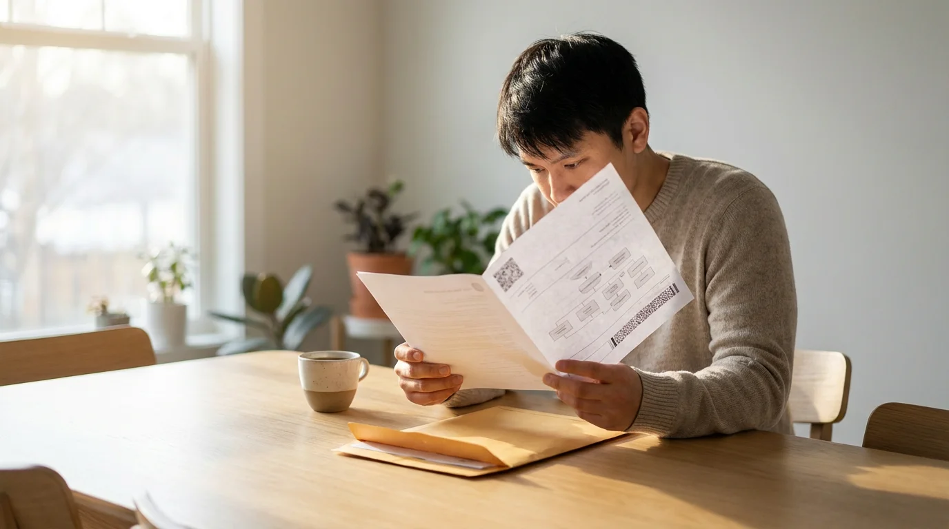 Person at a dining table calmly reviewing an official-looking document in soft morning light.