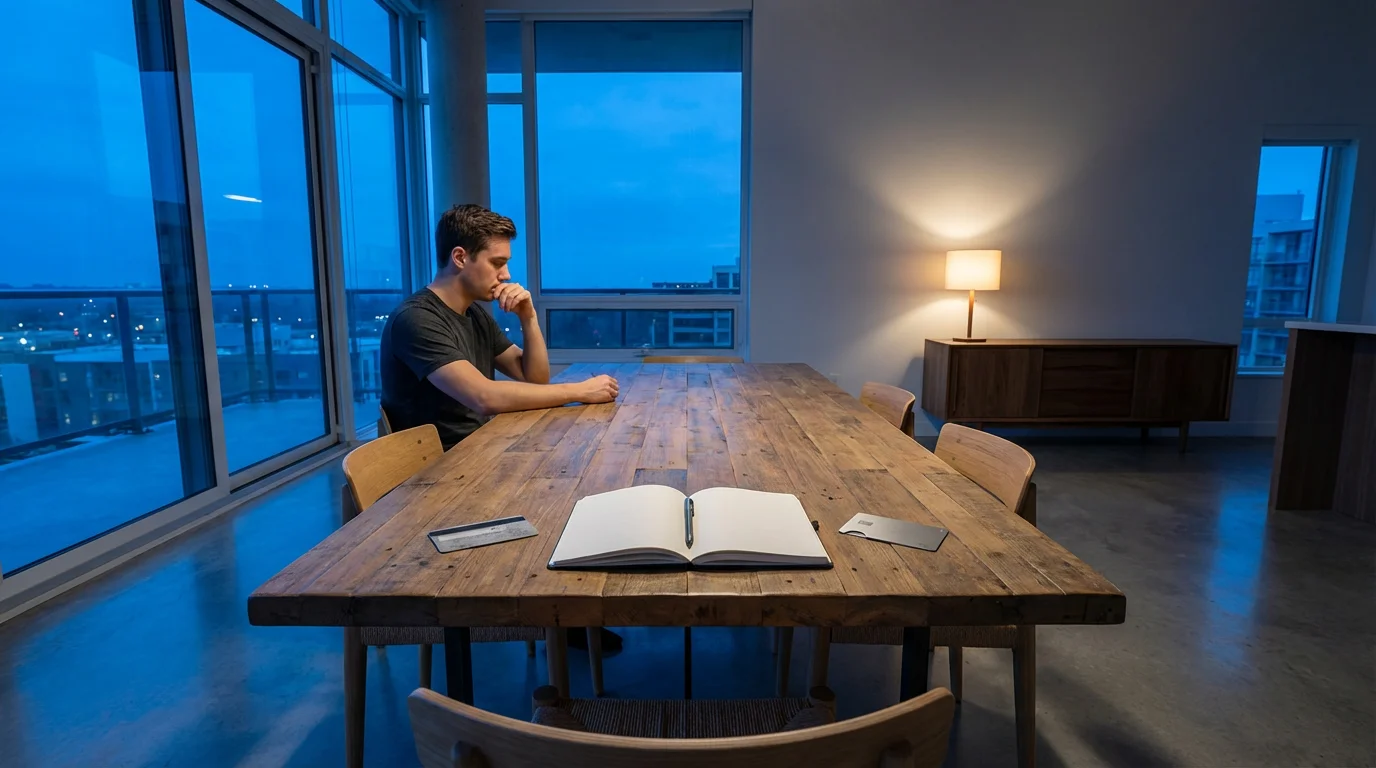 Person at a dining table with two credit cards, contemplating during blue hour.