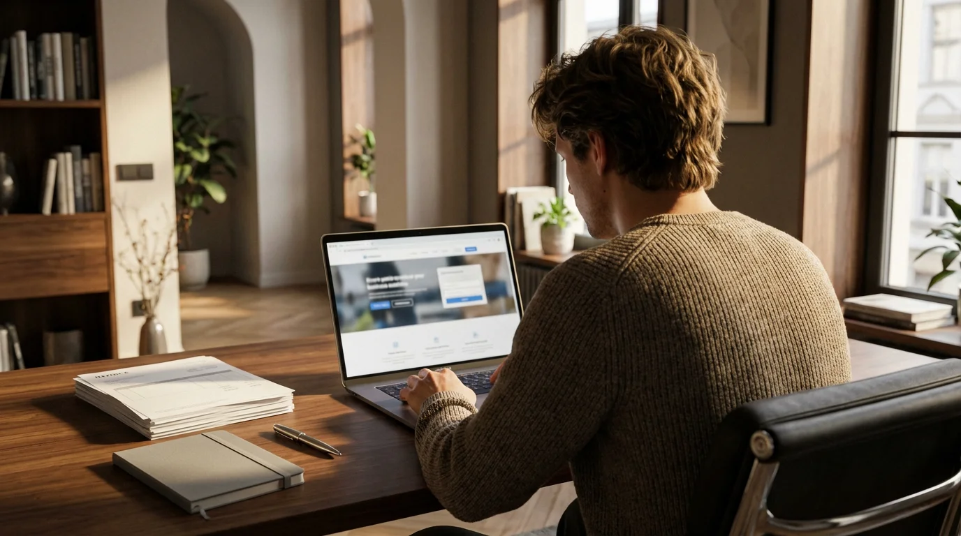 Person at a home office desk planning their pet sitting business on a laptop.