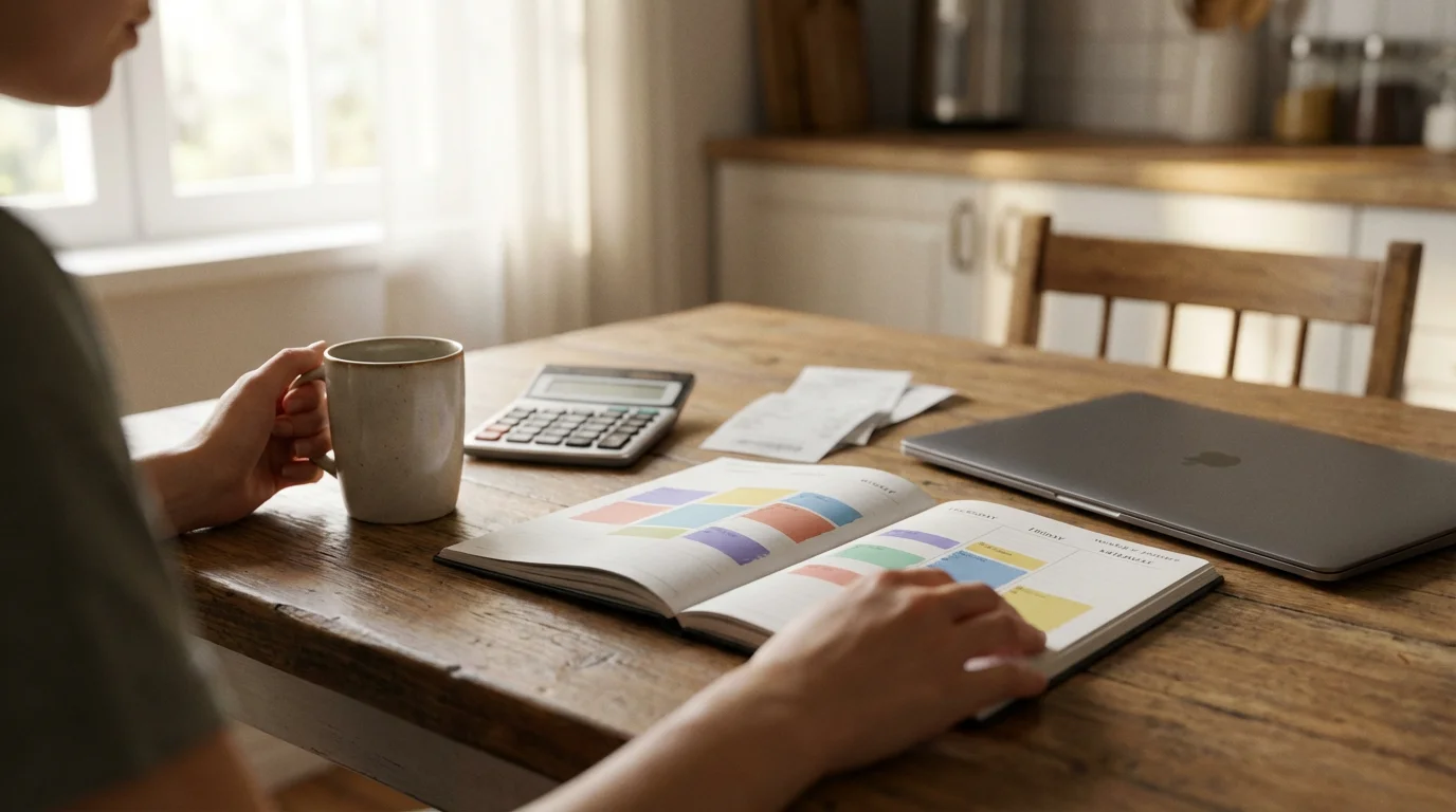 Person at a kitchen table in morning light planning freelance hours with a calculator.