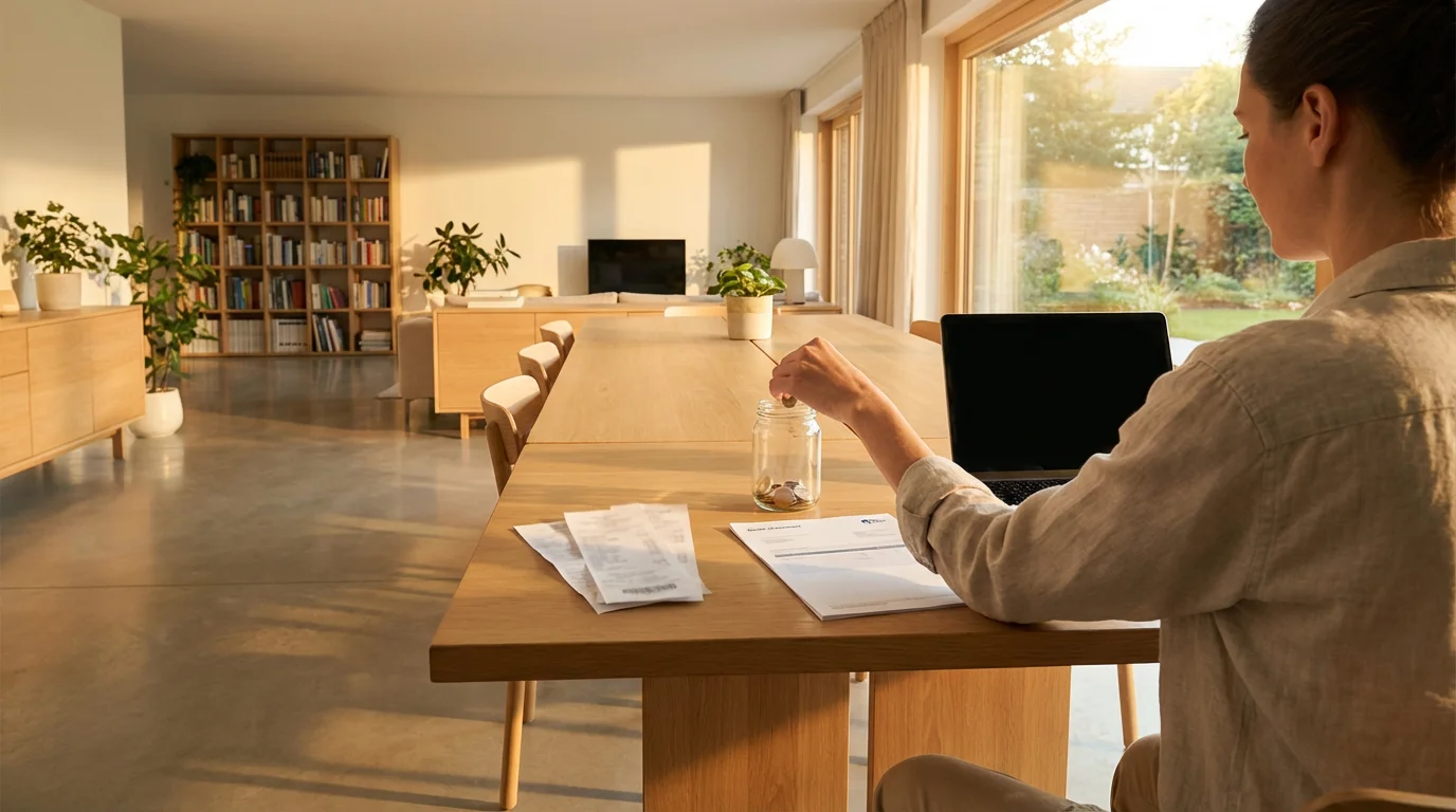 Person at a sunlit table dropping coins into a glass jar next to receipts.