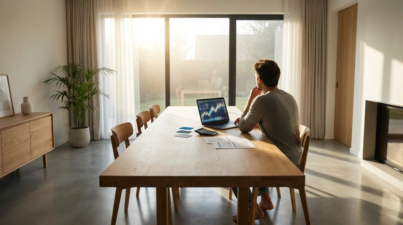 Person at a sunlit table organizing finances with a laptop and credit cards.