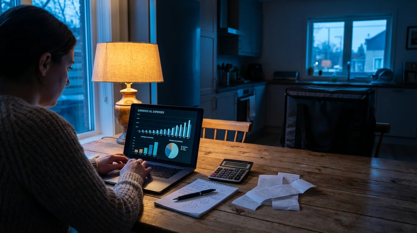 Person at a table with a laptop, calculator, and receipts calculating delivery earnings.