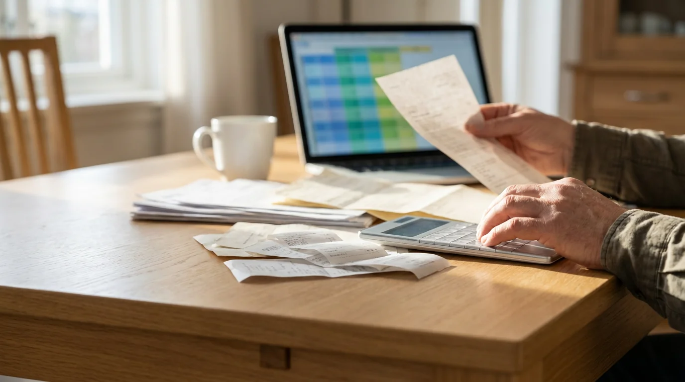 Person at a wooden table sorting receipts and bank statements next to a laptop.