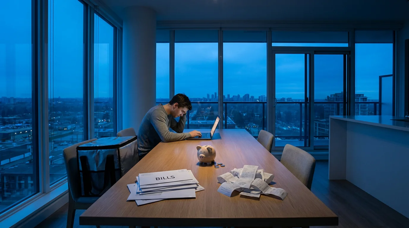 Person at dining table with laptop and receipts during blue hour, representing gig work finances.