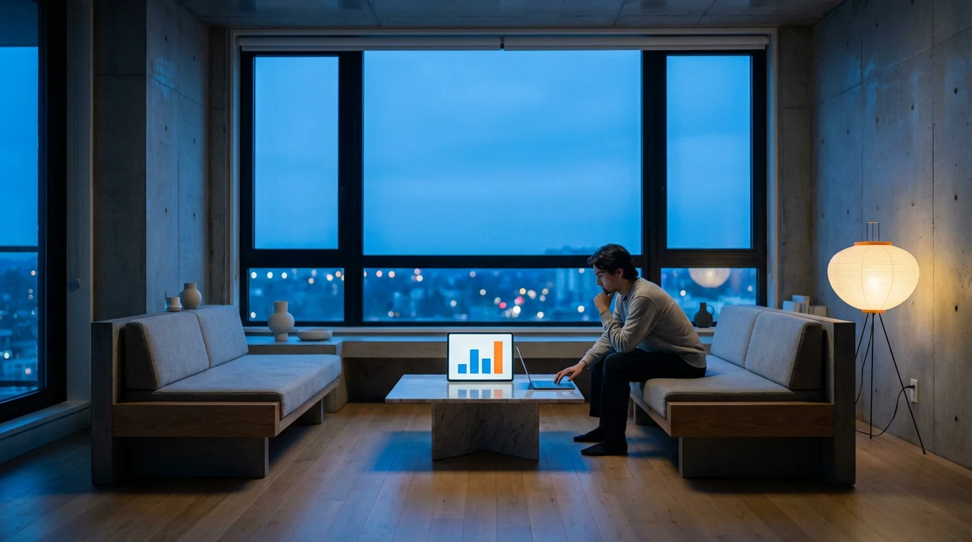 Person budgeting on a laptop in a modern living room during a cool evening.
