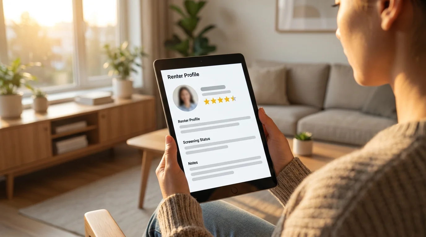 Person from behind reviews a generic renter profile on a tablet during golden hour.