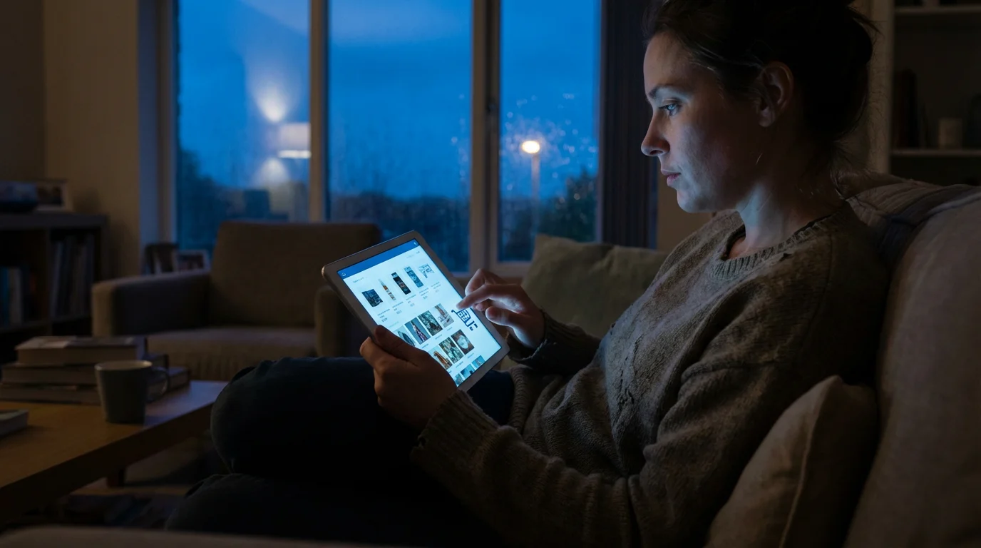 Person hesitates before making an online purchase on a tablet at dusk.