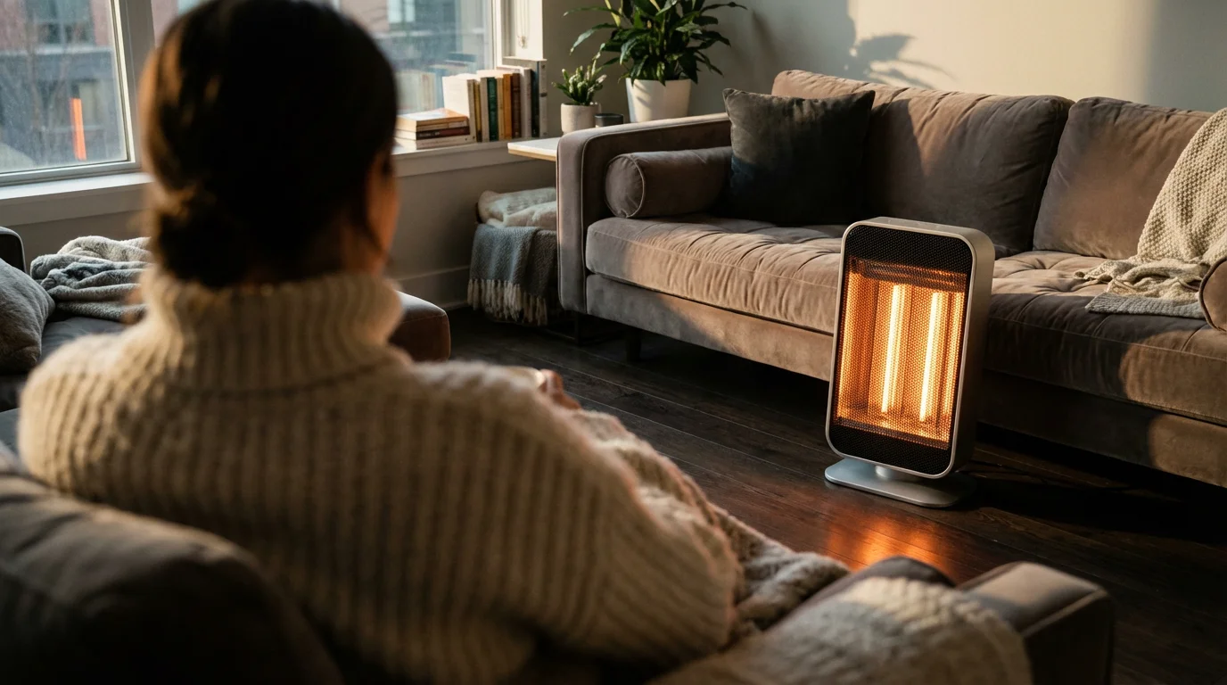 Person in a cozy living room using a modern portable space heater for zone heating.