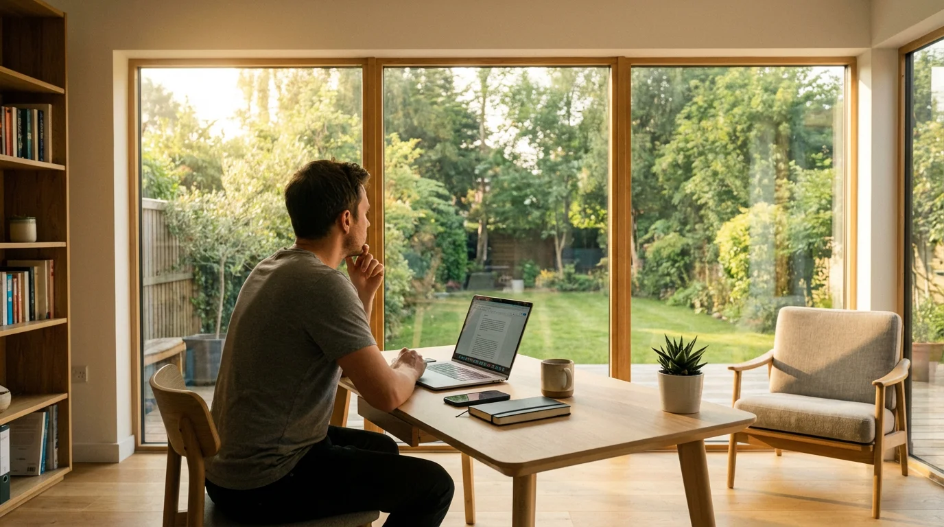 Person in a modern home office with a laptop, planning their gig economy workday.