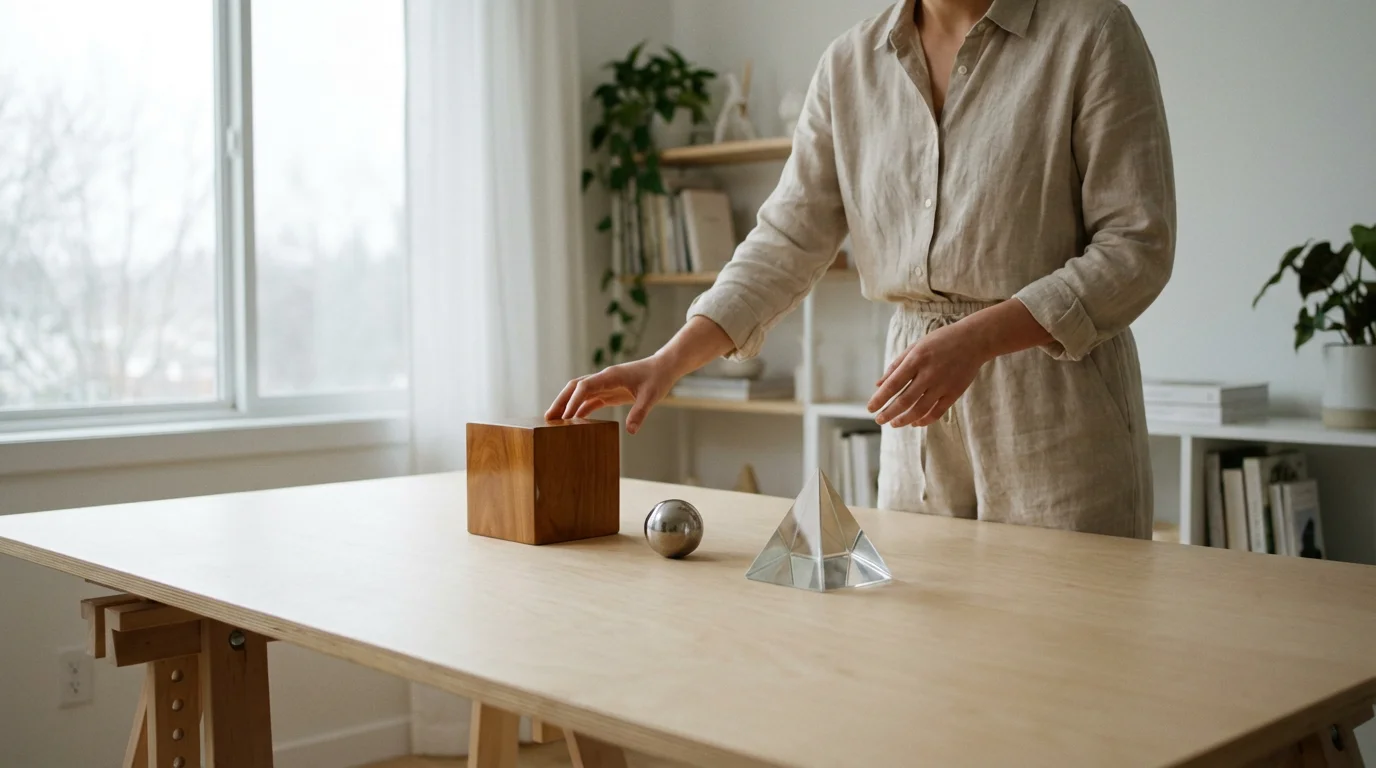 Person in a modern office arranging geometric blocks on a table, symbolizing pricing models.