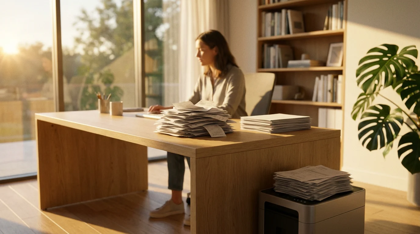 Person organizing financial documents into piles on a desk in a sunlit room.
