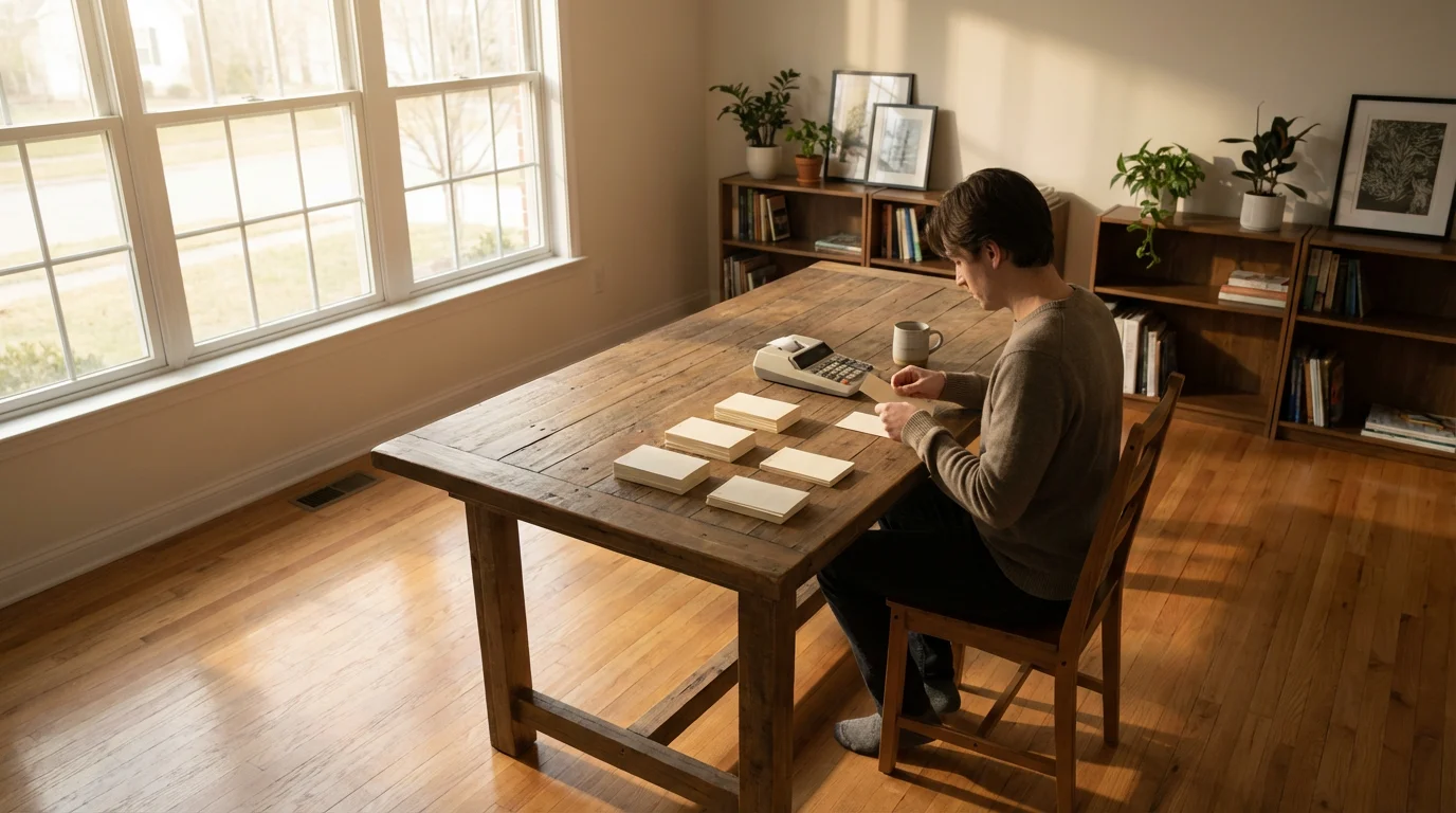 Person organizing paperwork and receipts in a quiet home office with soft morning light.