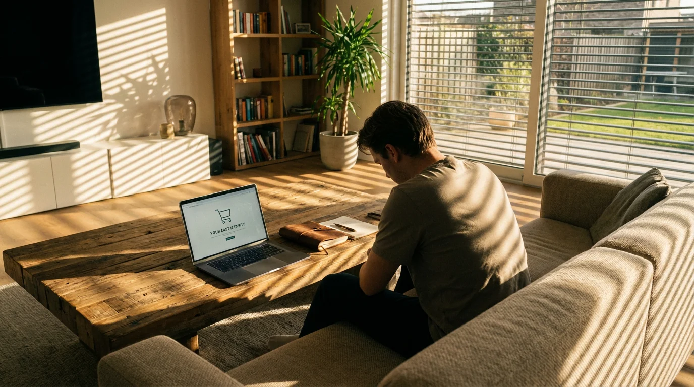 Person planning a budget with a notebook before online shopping in a sunlit room.