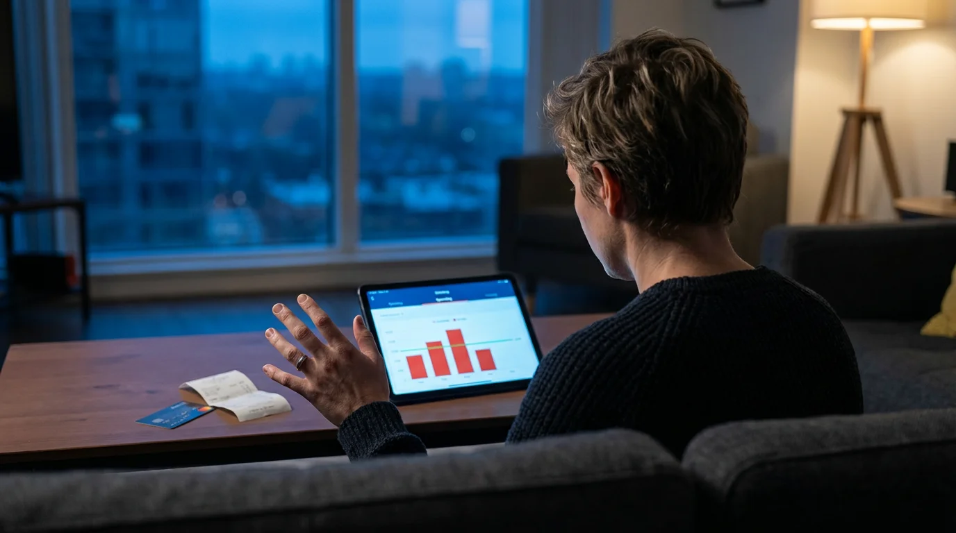 Person realizing a budgeting mistake on a tablet during blue hour in their living room.