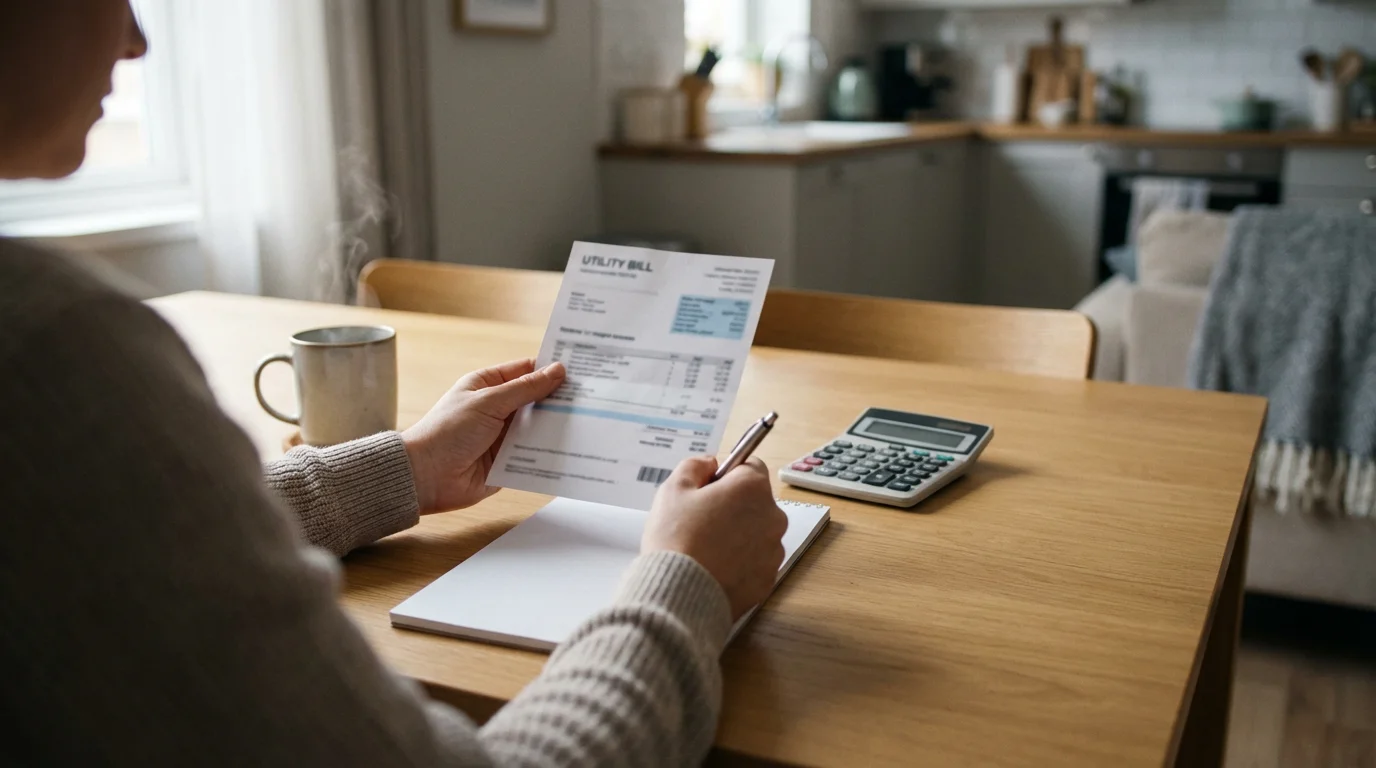 Person reviewing a utility bill and notepad at a table with morning light.